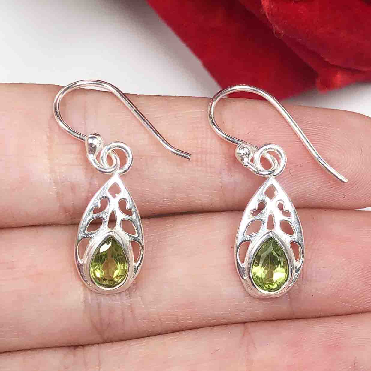 Modern Green Peridot Earrings Made of Brass Silver Polished Danglers