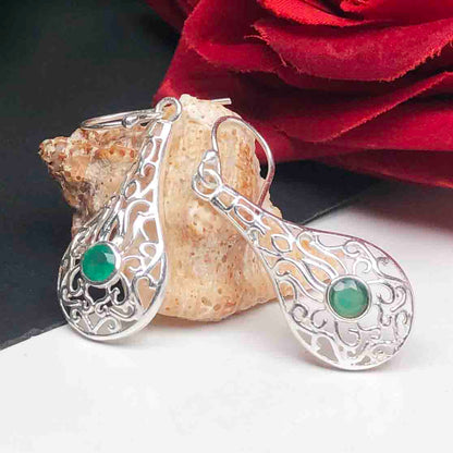 Bright Green Onyx Earrings Made of Brass Silver Polished Danglers