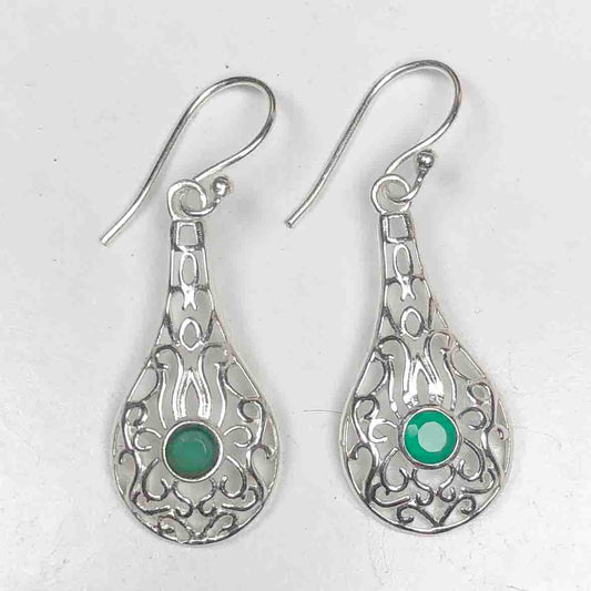 Bright Green Onyx Earrings Made of Brass Silver Polished Danglers