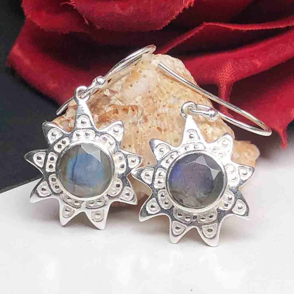 Elegant Blue Labradorite Earrings Made of Brass Silver Polished Danglers