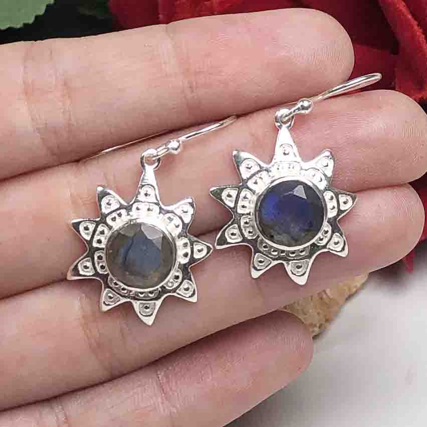 Elegant Blue Labradorite Earrings Made of Brass Silver Polished Danglers
