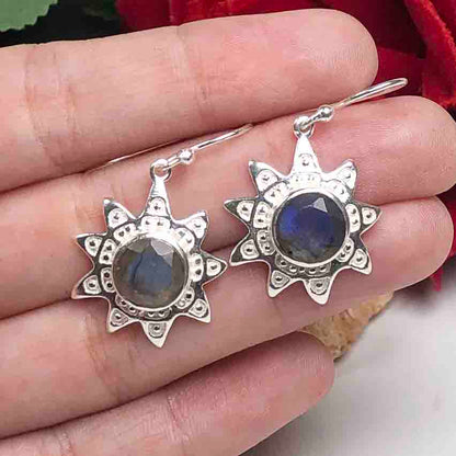 Elegant Blue Labradorite Earrings Made of Brass Silver Polished Danglers
