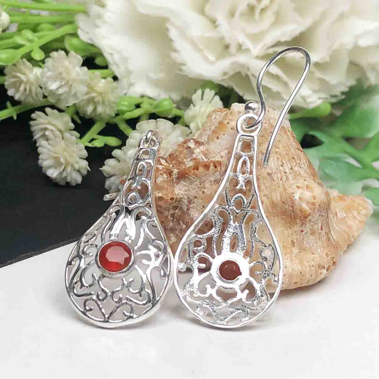 Sleek Red Carnelian Earrings Made of Brass Silver Polished Danglers