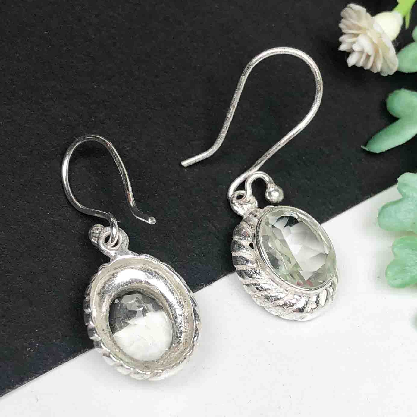 Elegant Green Amethyst Earrings Made of Brass Silver Polished Danglers