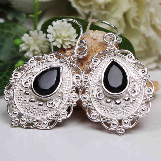 One of a kind Black Spinel Earrings Made of Brass Silver Polished Danglers