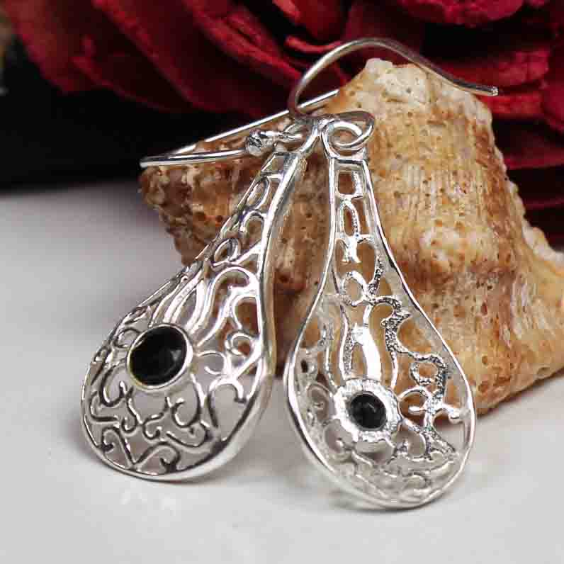 Fantastic Black Spinel Earrings Made of Brass Silver Polished Danglers