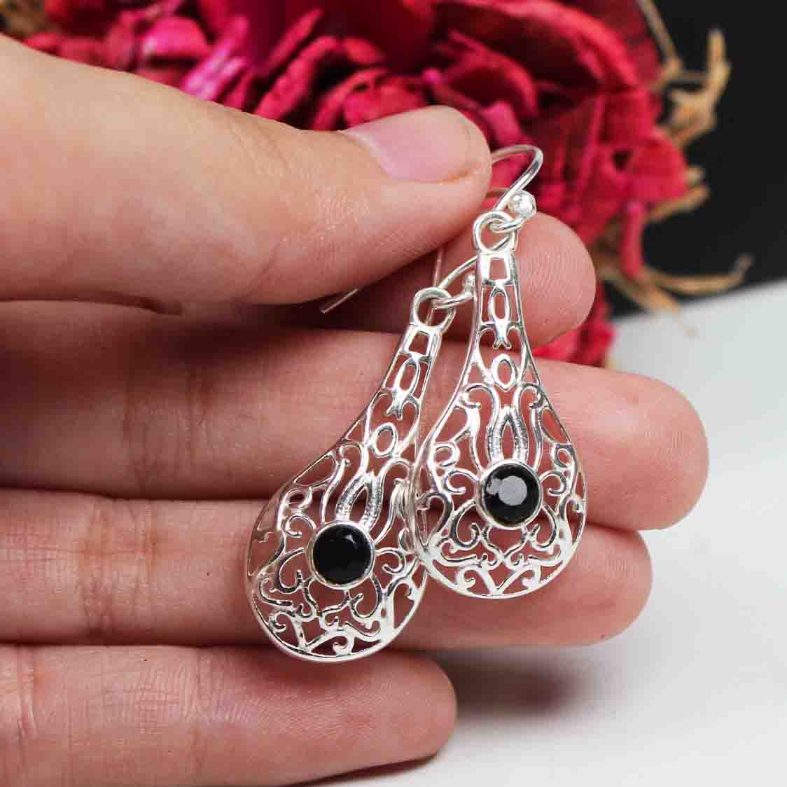 Fantastic Black Spinel Earrings Made of Brass Silver Polished Danglers