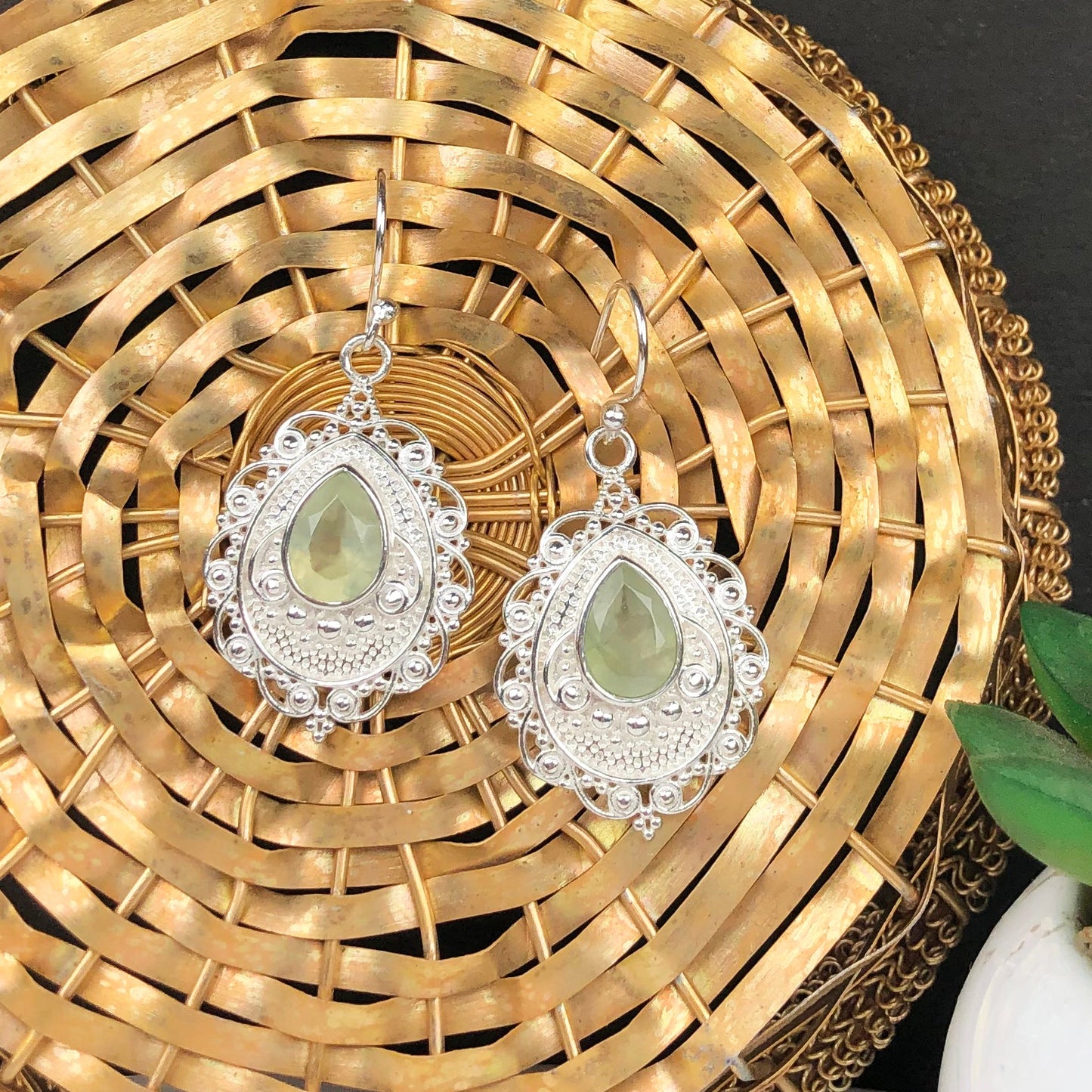 Expressive Green Opal Earrings Made of Brass Silver Polished Danglers