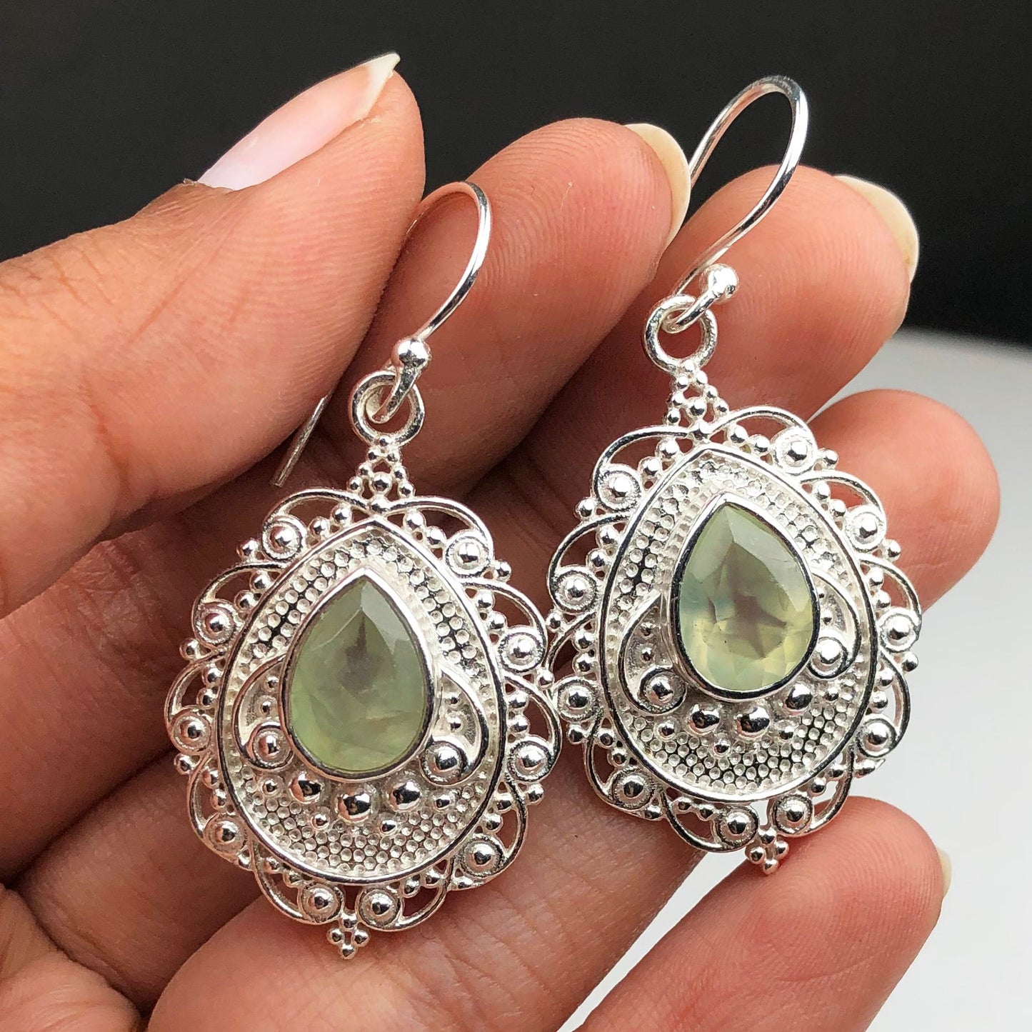 Expressive Green Opal Earrings Made of Brass Silver Polished Danglers