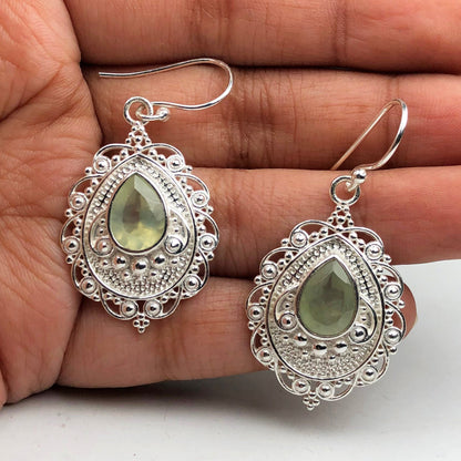 Expressive Green Opal Earrings Made of Brass Silver Polished Danglers