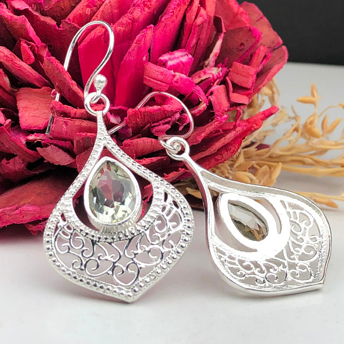 Wonderful Green Amethyst Earrings Made of Brass Silver Polished Danglers