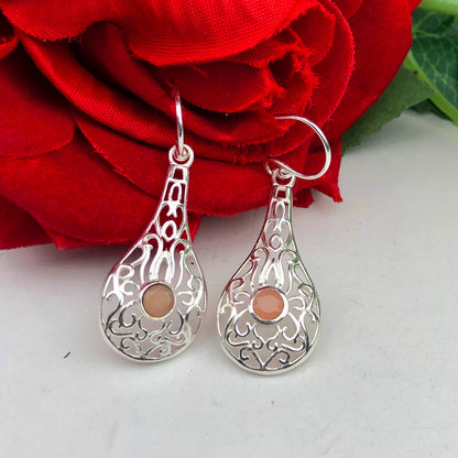 Elegant Pink Chalcedony Earrings Made of Brass Silver Polished Danglers