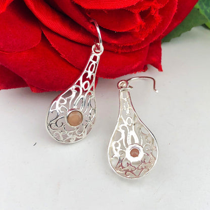 Elegant Pink Chalcedony Earrings Made of Brass Silver Polished Danglers