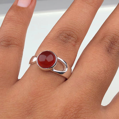 Elegant Red Carnelian Ring Main Metal Brass, Silver Coated