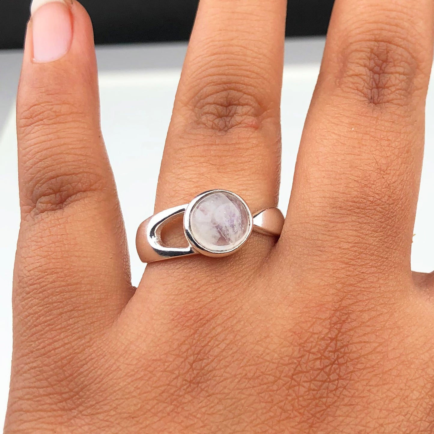 Impressive White Clear Quartz Ring Main Metal Brass, Silver Coated
