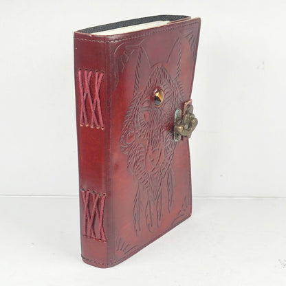 Leather Journal with Tiger Eye Wolf Gemstone
