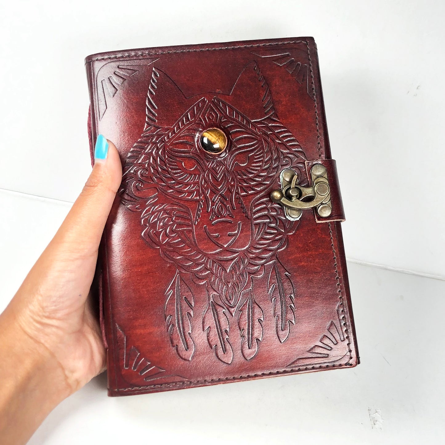 Leather Journal with Tiger Eye Wolf Gemstone
