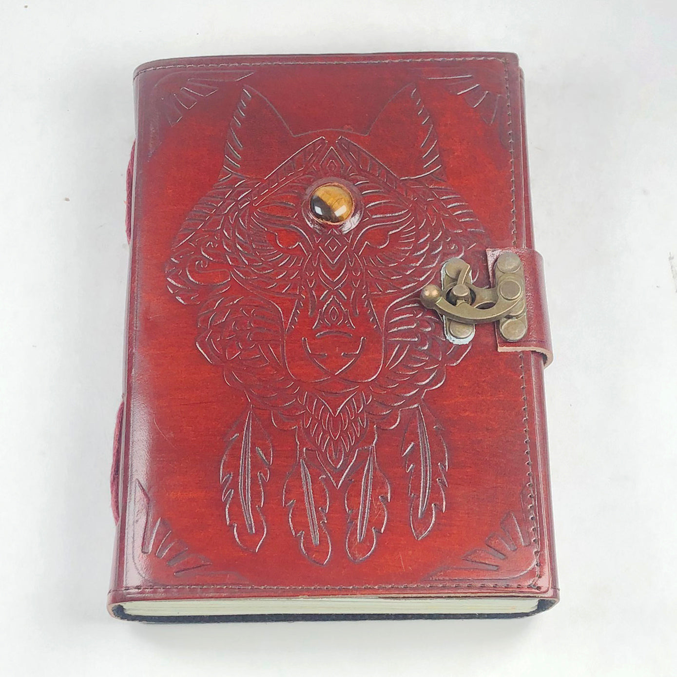 Leather Journal with Tiger Eye Wolf Gemstone