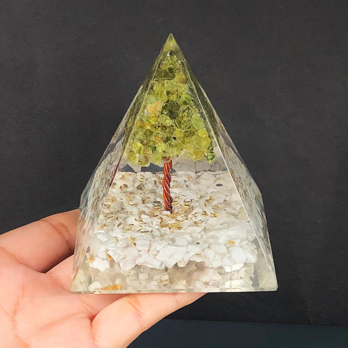 White Howlite and Peridot Orgone Pyramid