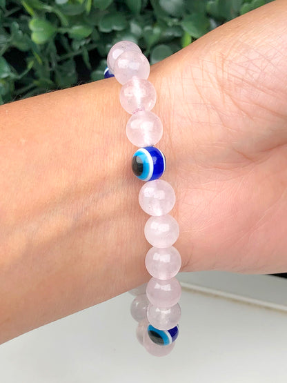 Love and Relationship Protect Mixel Crystal Bracelet (Rose quartz with Evil Eye)