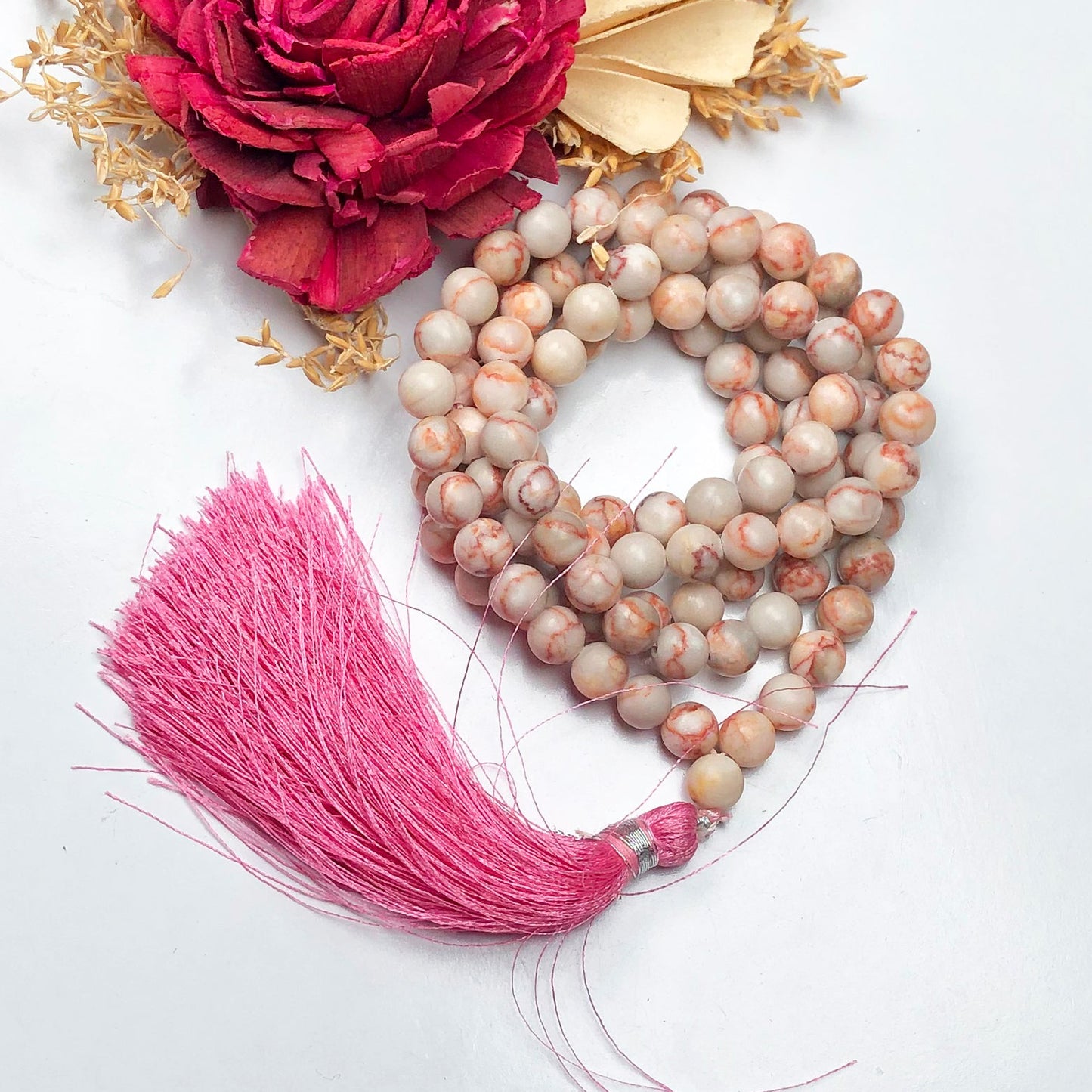 Pink Web Jasper 108 Beads Mala/Necklace