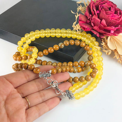 Yellow Onyx and Picture Jasper Necklace Main Metal Brass, Silver Coated