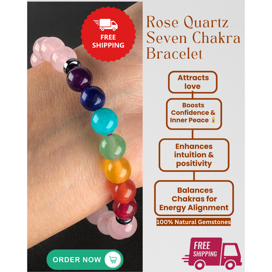 Pink Rose Quartz Seven Chakra Healing Bracelet – Promotes Energy, Beauty, And Wellness