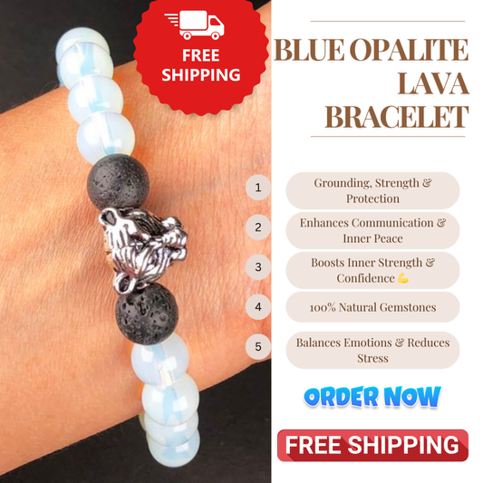 Black Lava and Opalite Healing Bracelet – Promotes Hope, Purity, And Communication