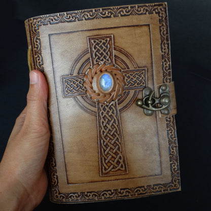 Real Moonstone Cross Design Leather Journal