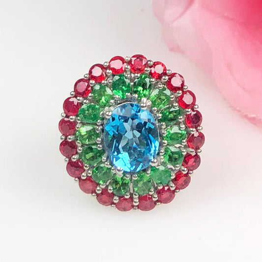 Wonderful Blue Swiss Blue Topaz Green Topaz Ruby Sterling Silver Ring