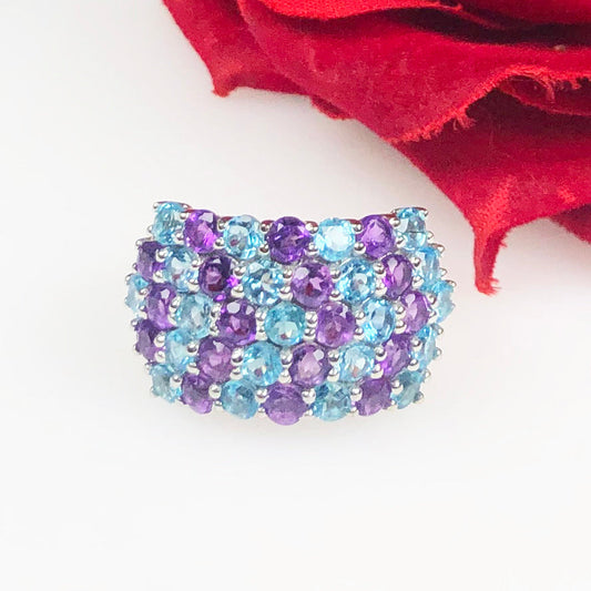 Elegant Purple Amethyst Blue Topaz Sterling Silver Ring
