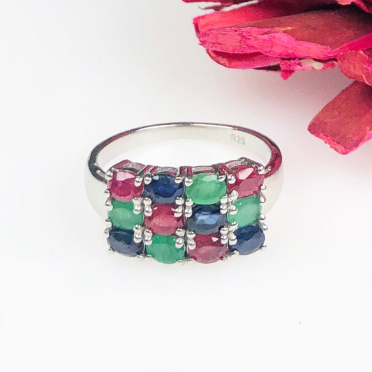 Wonderful Green Emerald Ruby Sapphire Sterling Silver Ring