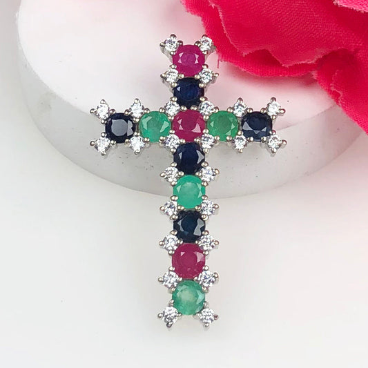 Wonderful Green Emerald Ruby Sapphire Sterling Silver Pendant