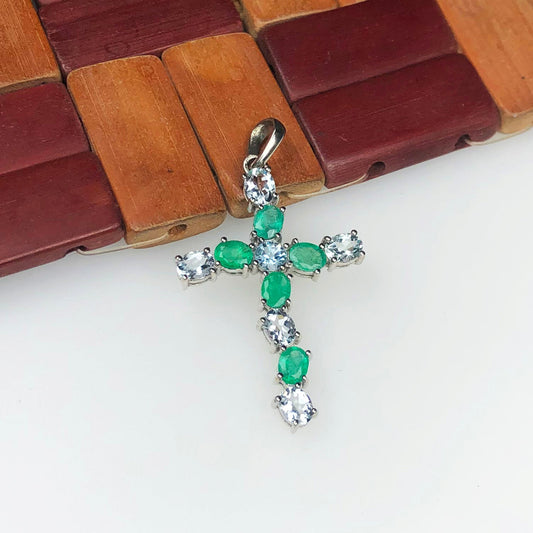 Wonderful Green Emerald White Topaz Sterling Silver Pendant