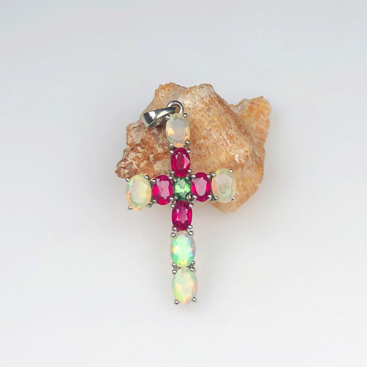 Wonderful Green Tsavorite Ethiopian opal Ruby Sterling Silver Pendant