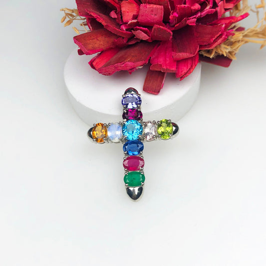 Elegant Blue Ruby Tanzanite Emerald Sterling Silver Pendant