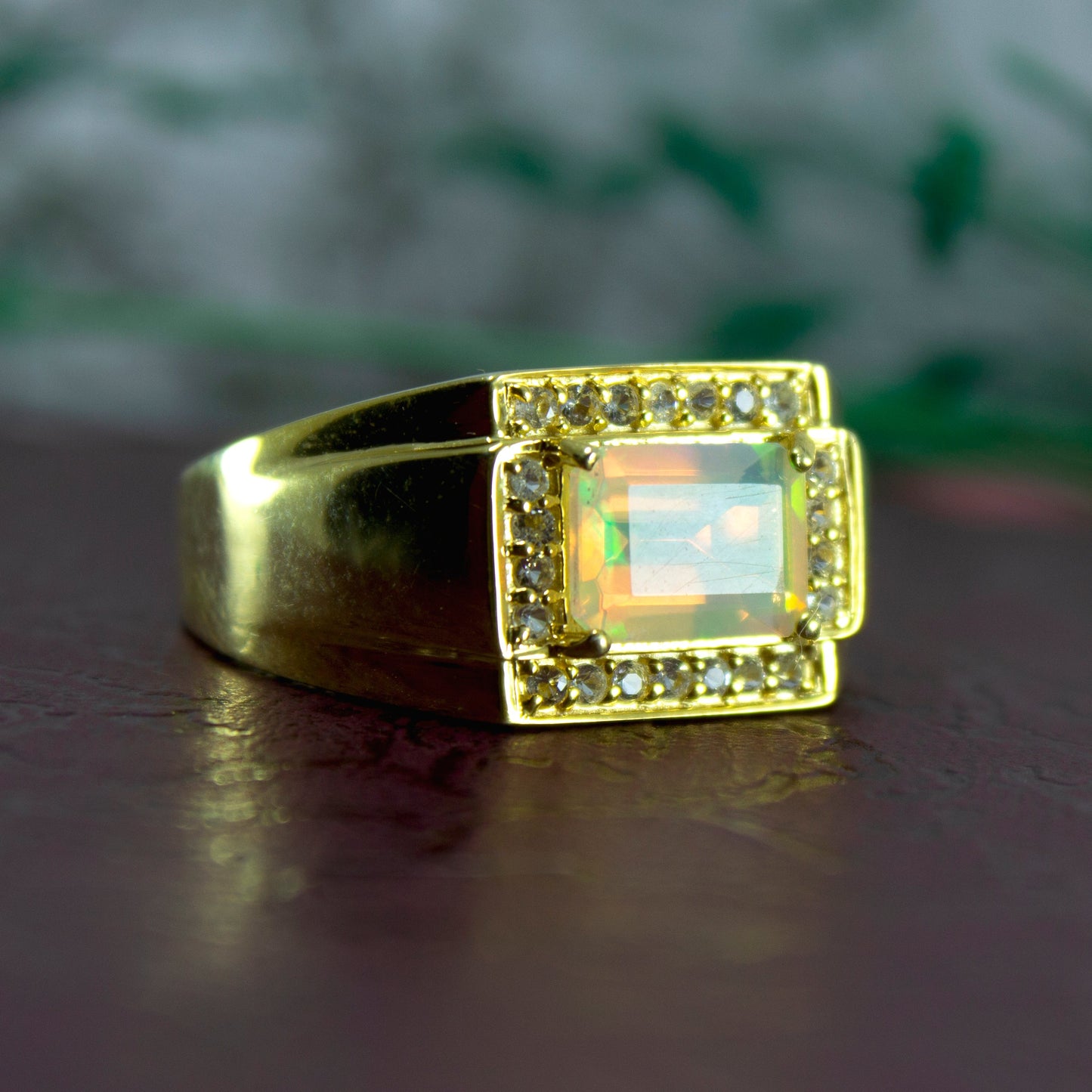 Gorgeous White Opal and White Topaz Gold Polish Ring Sterling Silver Ring