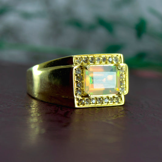 Gorgeous White Opal and White Topaz Gold Polish Ring Sterling Silver Ring