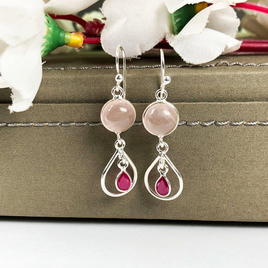 Alluring Ruby and Rose Quartz Sterling Silver Earring
