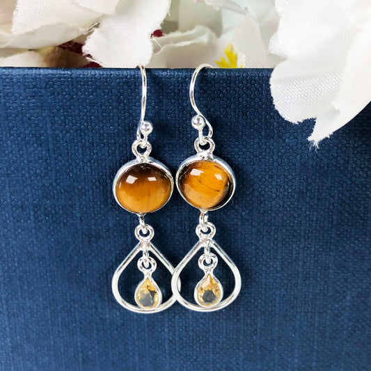 Pretty Citrine and Tiger Eye Sterling Silver Earring