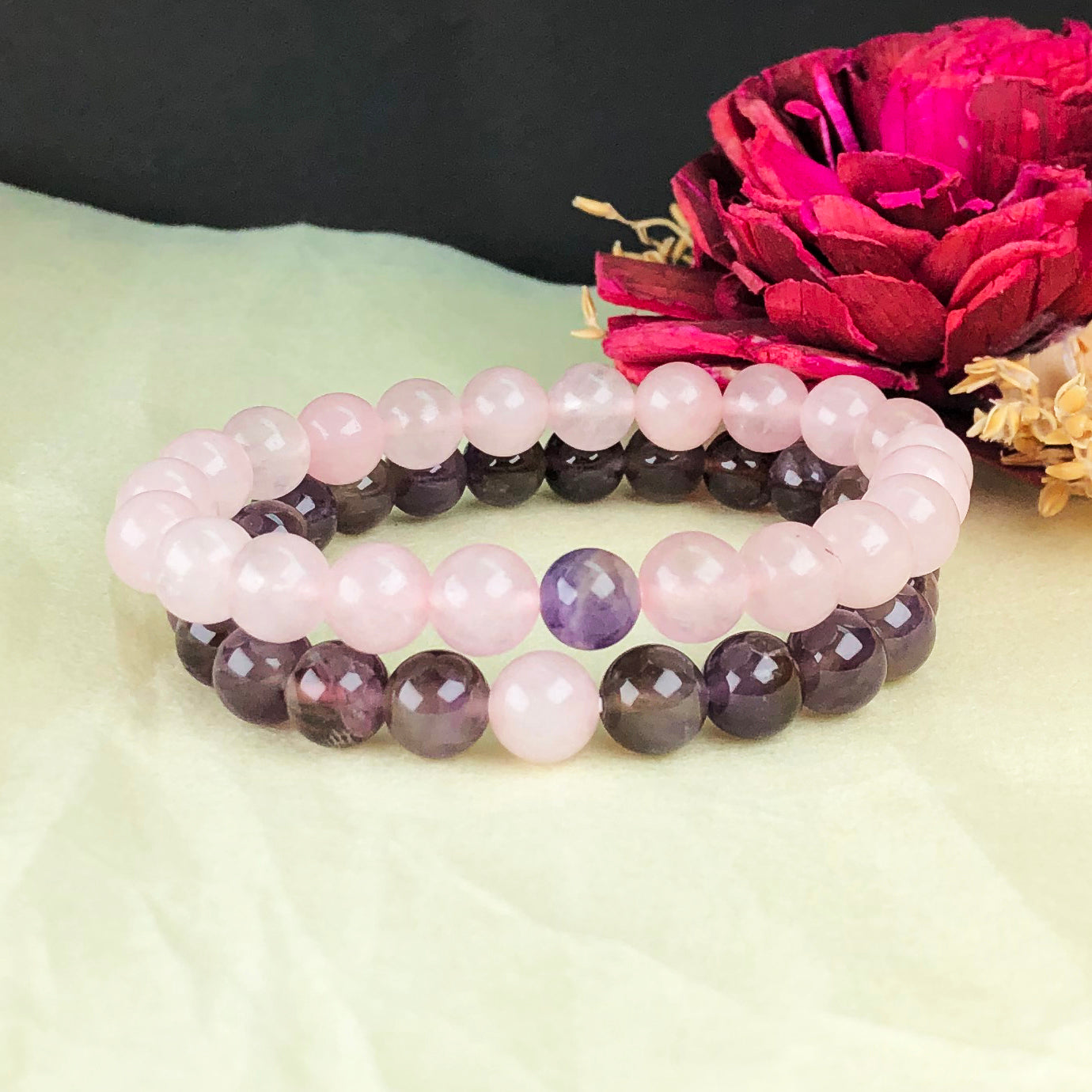 Purple Amethyst and Pink Rose Quartz Bracelet